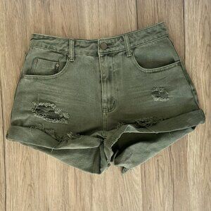 Mustard Seed Distressed Olive Green Denim Shorts